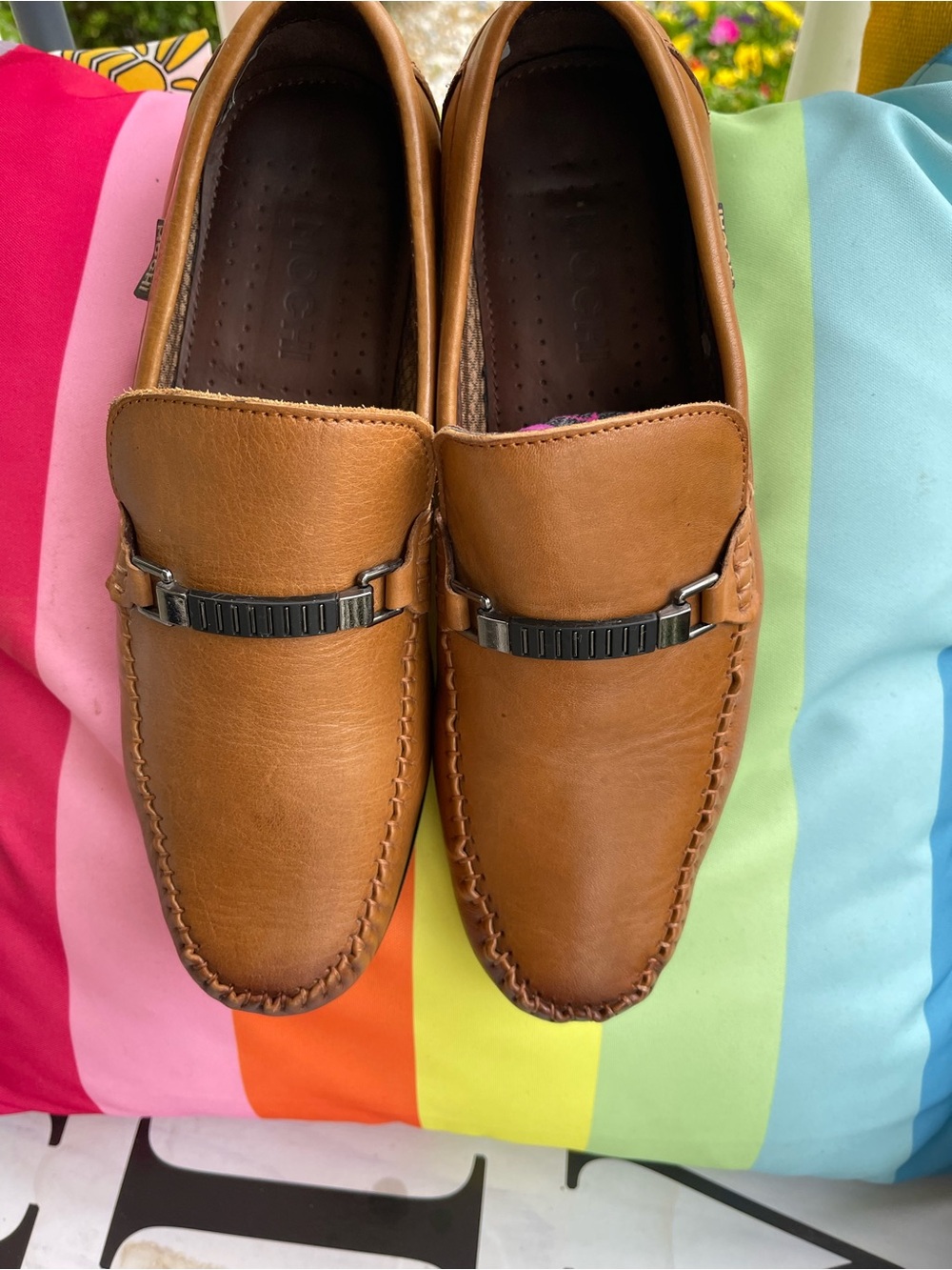 MOCHI Men's Tan Leather Slip-On Loafers with Metal